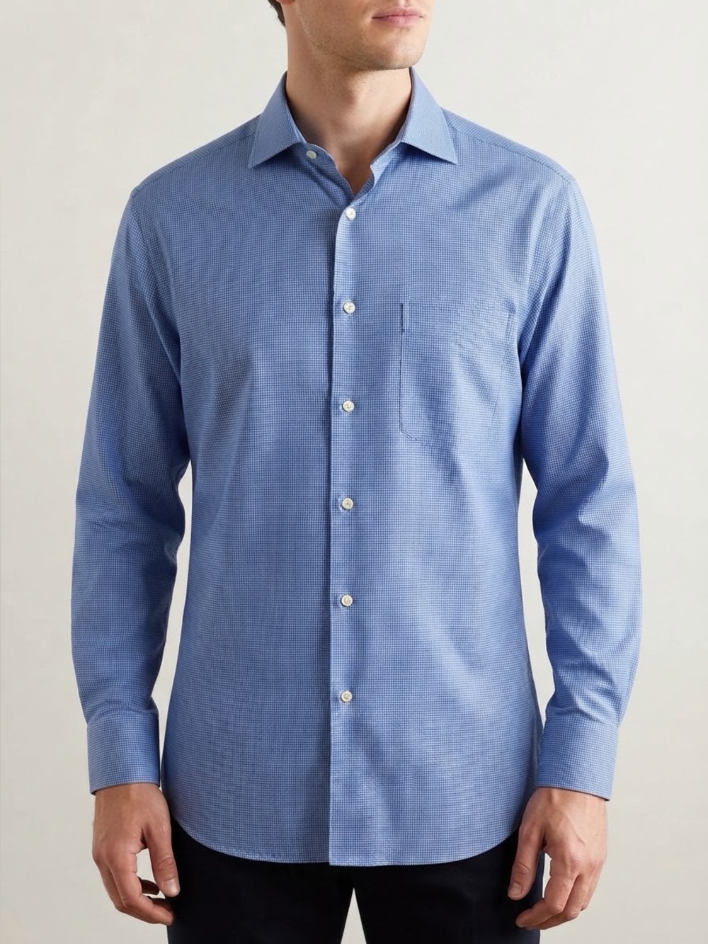 ERMENEGILDO ZEGNA Men's Blue Micro Gingham Check Cotton Dress Shirt Size 44 17.5